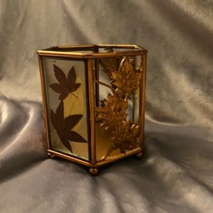 Fall Copper Candle Holder - REAL LEAVES IN GLASS PANELS